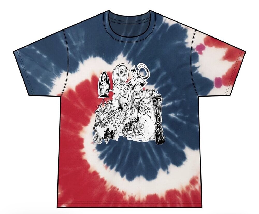 Origins Tee in navy, red, and white tie-dye