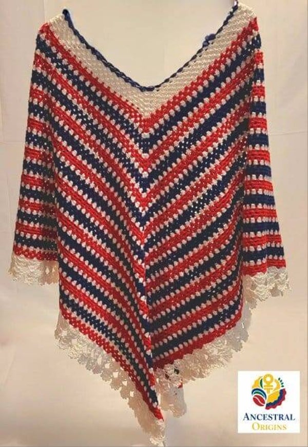 Red, white and navy blue ruana