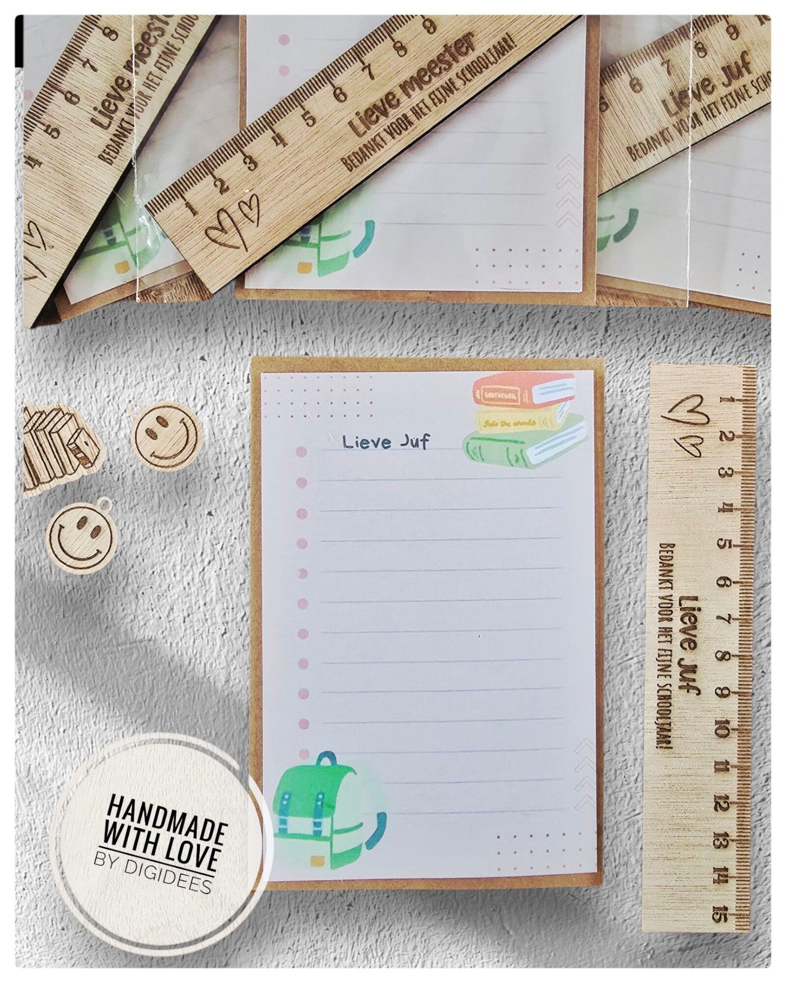 Bedankje voor juf of meester – houten lineaal met kaartje
