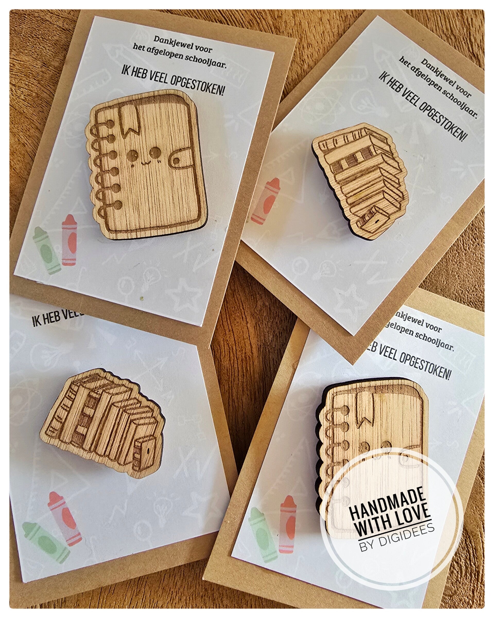 Bedankkaartje met houten broche – “Ik heb veel opgestoken!”