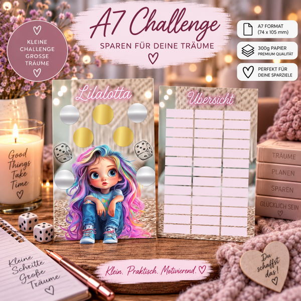 ✨ A7 Sparchallenge „Lilalotta“ – Motivationskarte zum Geld sparen ✨