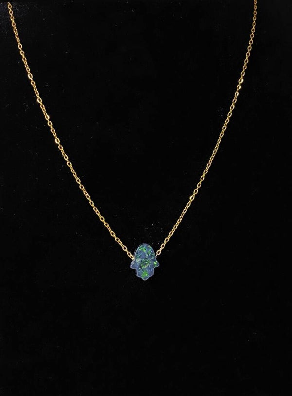 Collier en Acier Inoxydable type Khamsa Main de Fatima Couleur Vert, Bleu, Bleu ciel et Rose-Beige clair