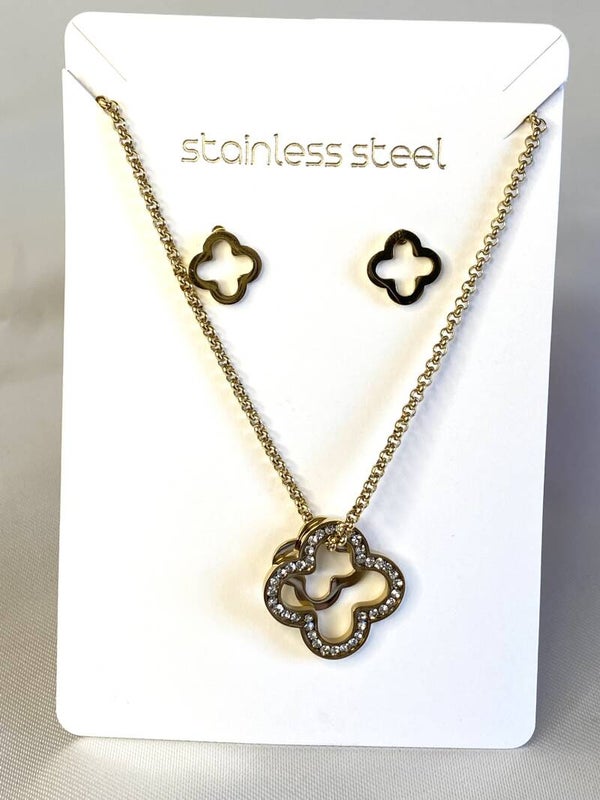 Collier Double trèfle avec ses boucles d'oreilles en acier inoxydable