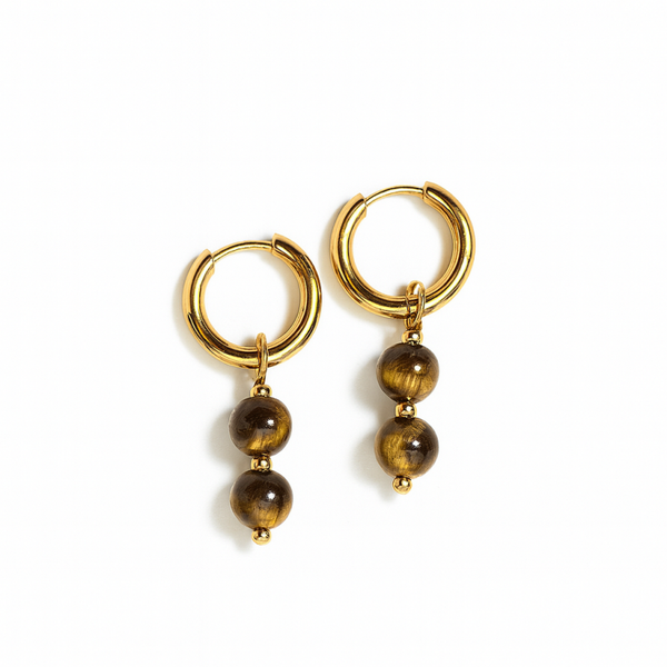 Tijgeroog Oorringen – 10 mm Stainless Steel – 5 mm Kralen – Goud & Zilver