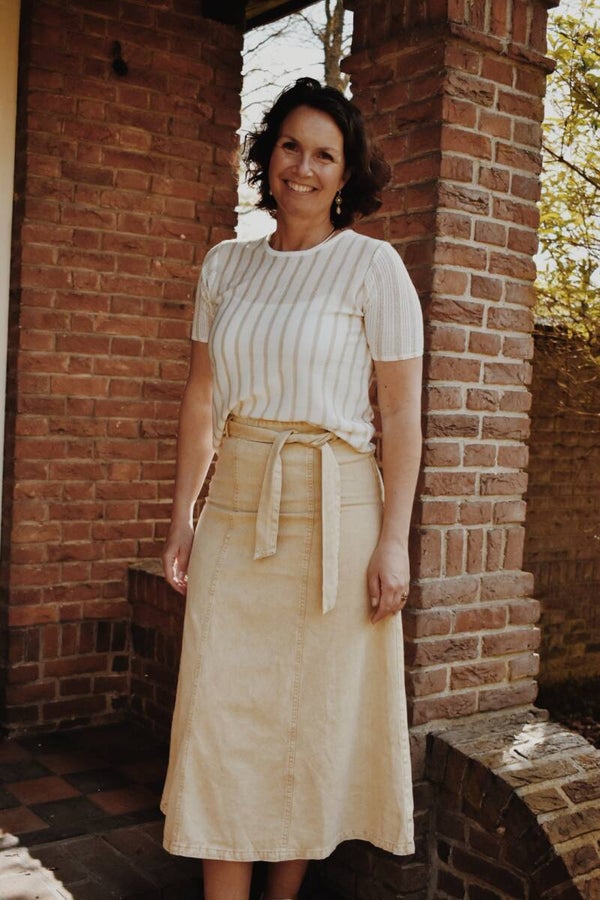 the camel denim skirt