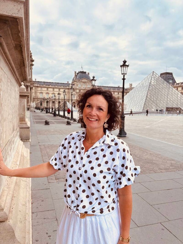 Brown White louvre blouse