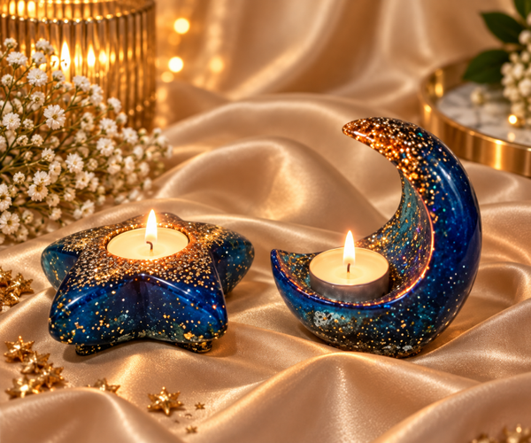 Midnight Moon & Star Set – Resin Tealight Holders