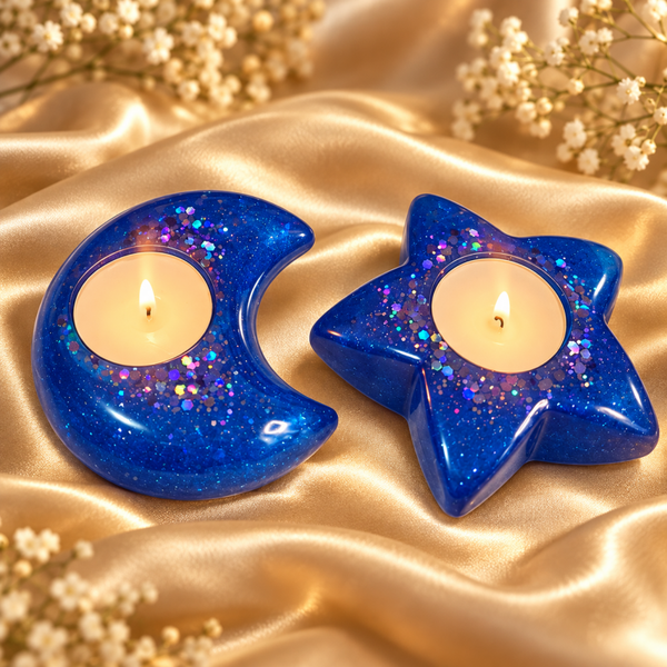 Saffierblauwe Moon & Star – Handgemaakte Resin Theelichthouders