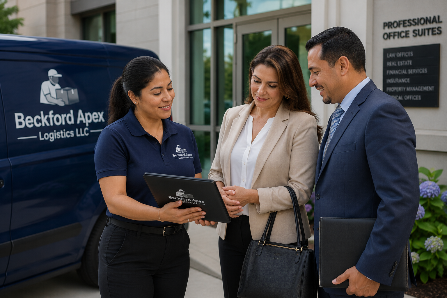 Beckford Apex representative meeting with business professionals about courier, secure document delivery, field inspection, and logistics services.