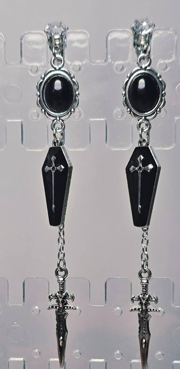 Handmade Gothic Earrings – Coffin, Bird Skull & Sword