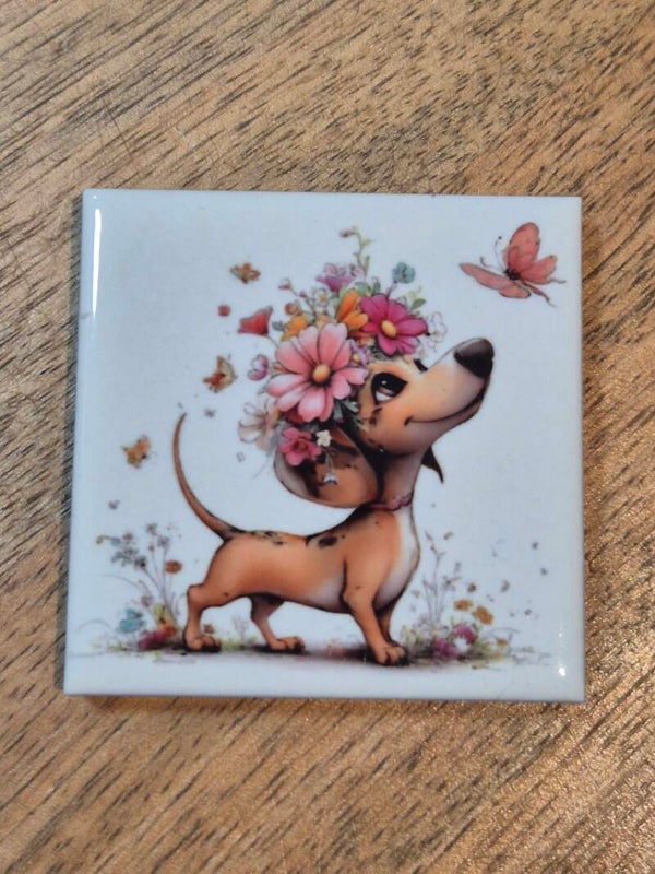 Magneet tegel | hondje bloemen en vlinder