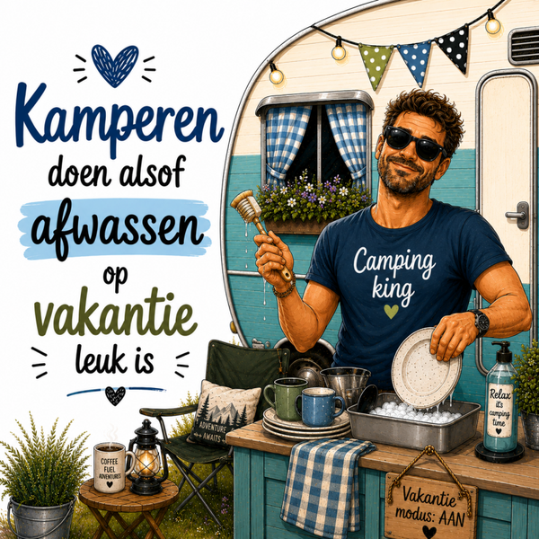 Tegel | Kamperen doen alsof afwassen op vakantie leuk is man
