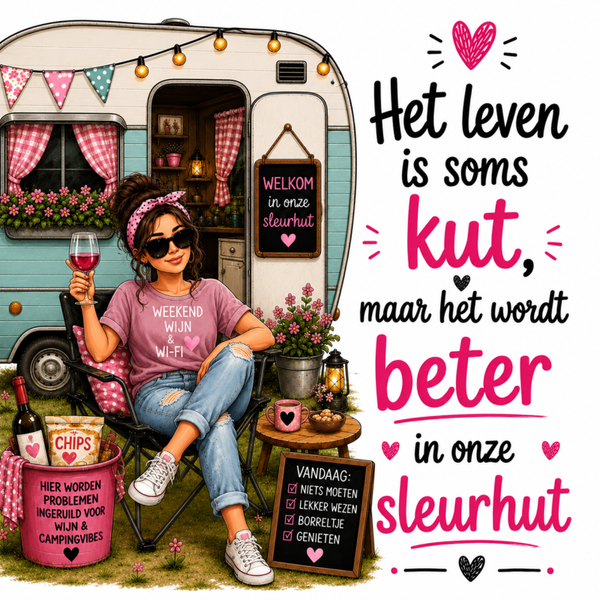 Tegel | Het leven is kut...caravan oud roze shirt