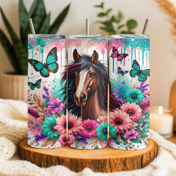 Tumbler / Drinkbeker | Paard bloemen vlinders