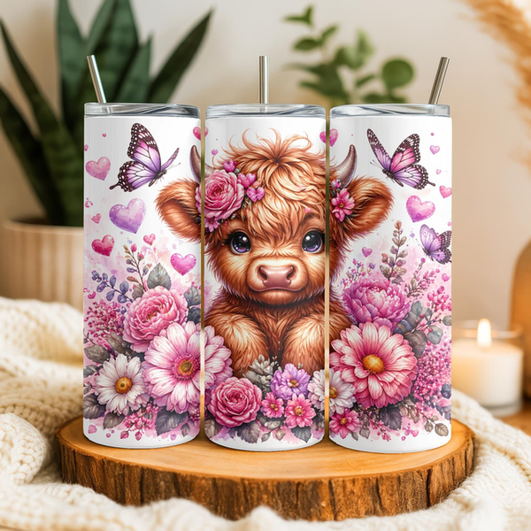Tumbler / Drinkbeker | Schotse Hooglander bloemen vlinders