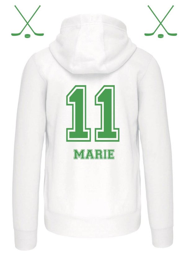 "HOCKEY SWEATER HOODY WOMEN" met lange rits en EIGEN NAAM +EIGEN RUGNUMMER art.K464