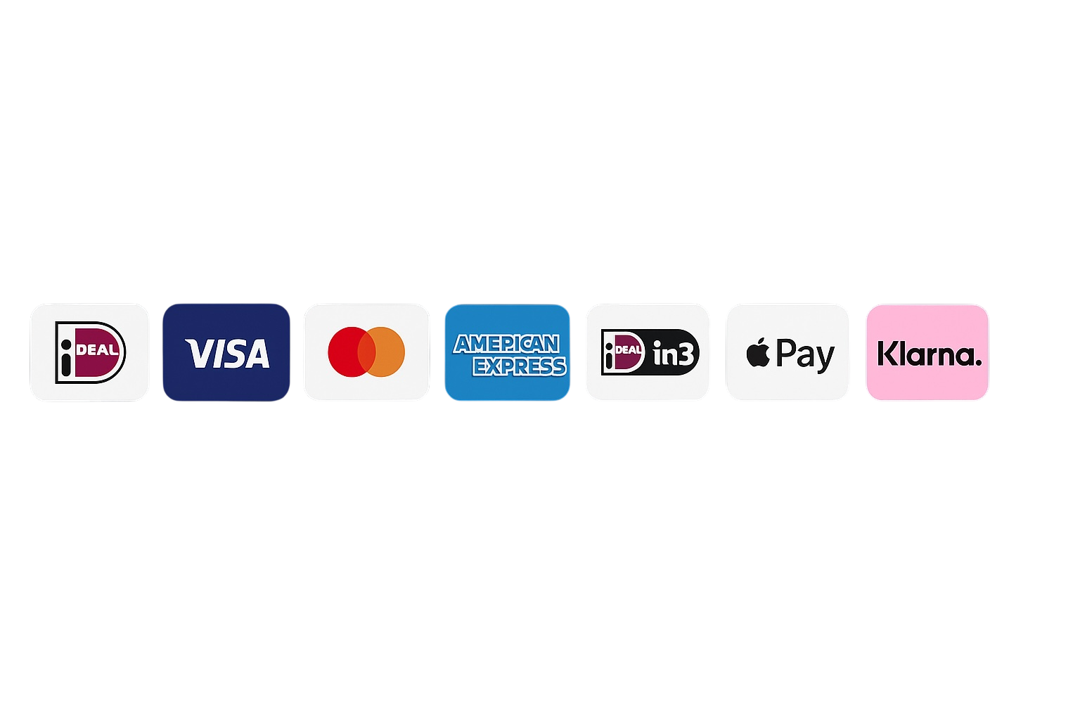 alt="Betaalmethoden: iDEAL, Visa, Mastercard, American Express, in3, Apple Pay en Klarna"