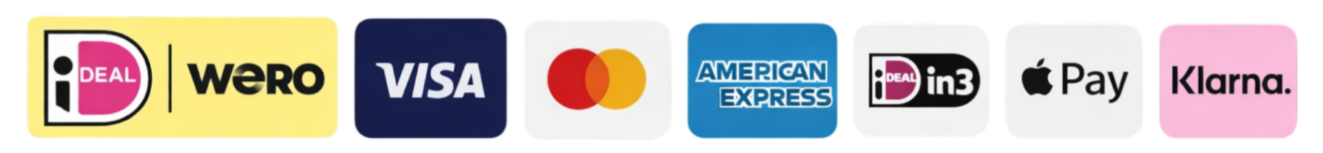alt="Betaalmethoden: iDEAL, Visa, Mastercard, American Express, in3, Apple Pay en Klarna"