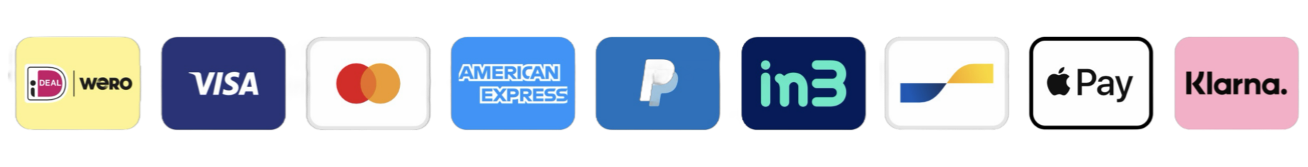 alt="Betaalmethoden: iDEAL, Visa, Mastercard, American Express, in3, Apple Pay en Klarna"