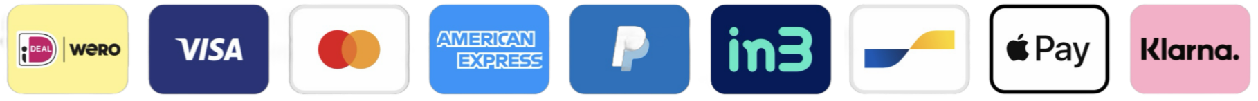 alt="Betaalmethoden: iDEAL, Visa, Mastercard, American Express, in3, Apple Pay en Klarna"