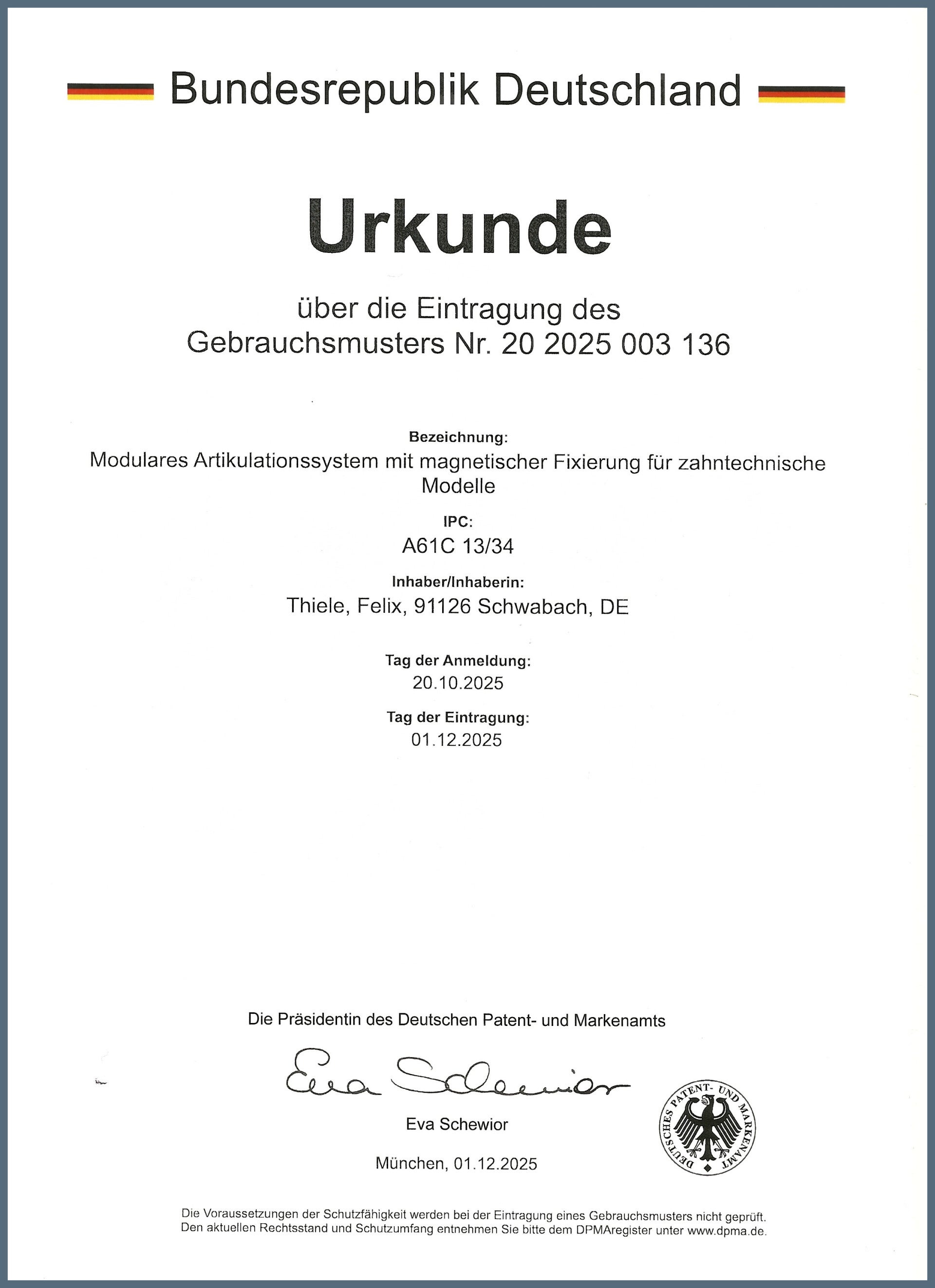 ebrauchsmusterurkunde des Shaper Place / ModelPlace Systems für modulare Artikulations- und Modellaufnahme