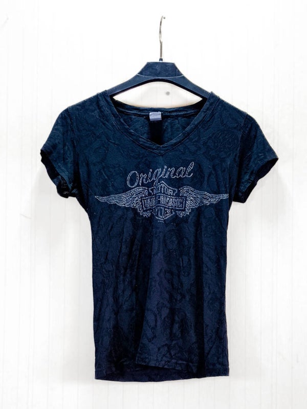 Harley Davidson naisten t-paita, musta see-thru tribaalikuosi, hopea kimallelogo, Washington DC, koko S #VUPV