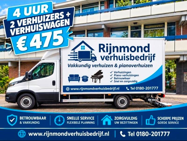 4 uur 2 verhuizers + verhuiswagen 21m3 €475 incl btw