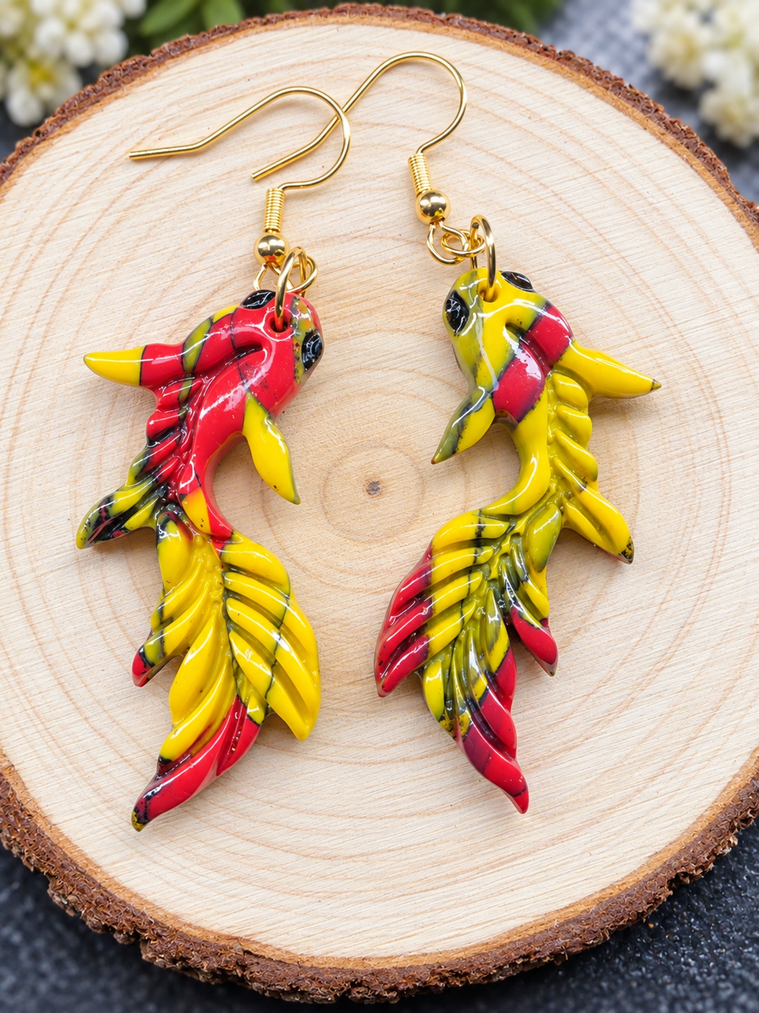Boucles d'oreilles pendantes Carpes Koï rouge et jaune