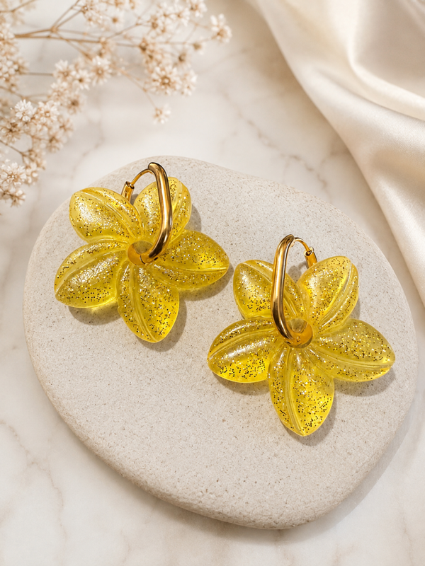 Boucles d’oreilles fleurs jaunes pailletées – Créoles en acier inoxydable