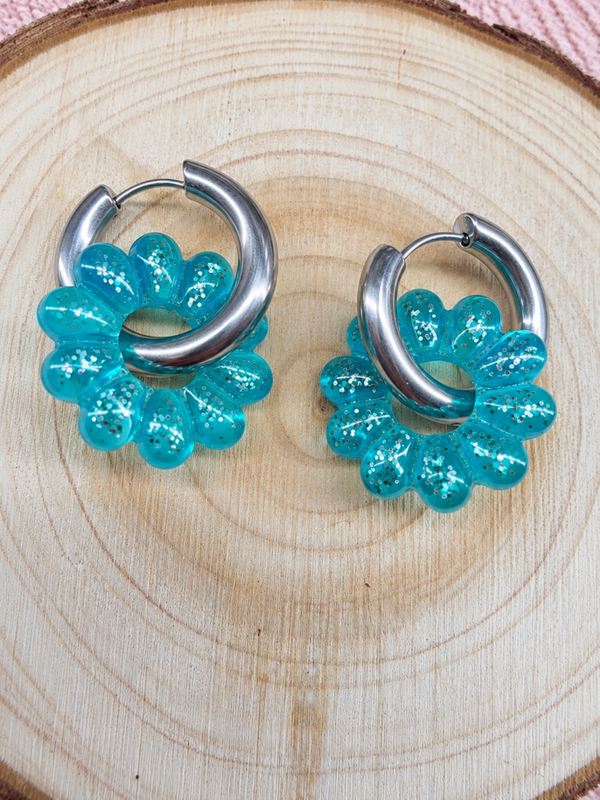 Boucles d’oreilles pampilles fleurs turquoise pailletées