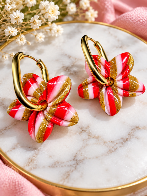 Boucles d’oreilles fleurs Aloha Rouge, rose & doré