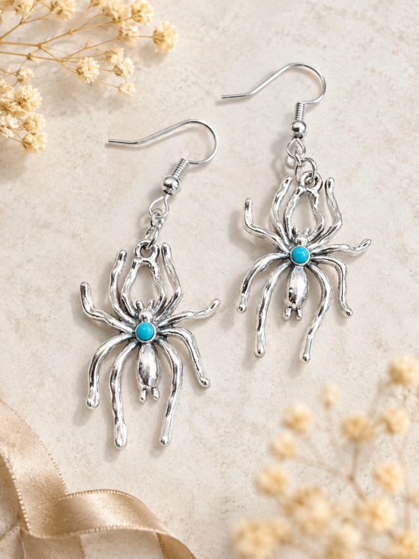 Boucles d’oreilles Araignée argentée – Élégance gothique & pierre turquoise – Acier inoxydable