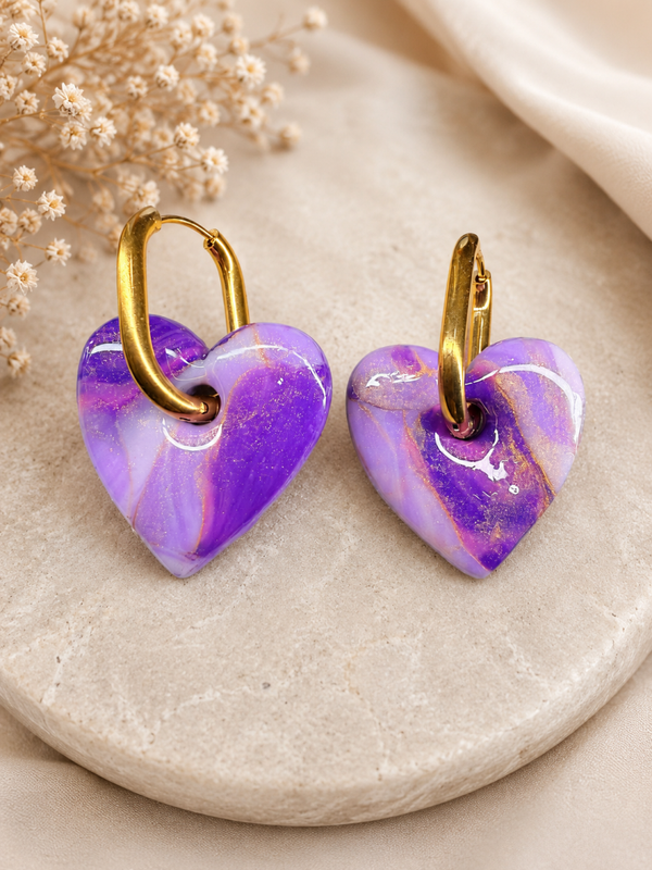 Boucles d’oreilles pampilles cœur violettes