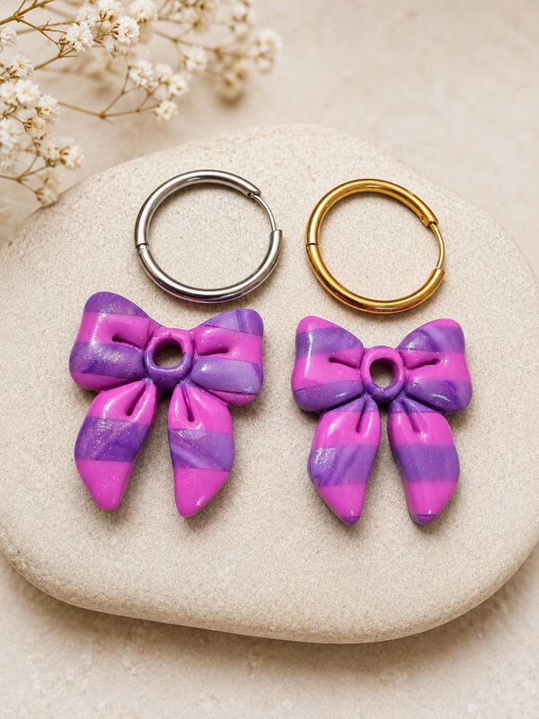 Boucles d’oreilles Pampilles petit noeud marbré rose violet