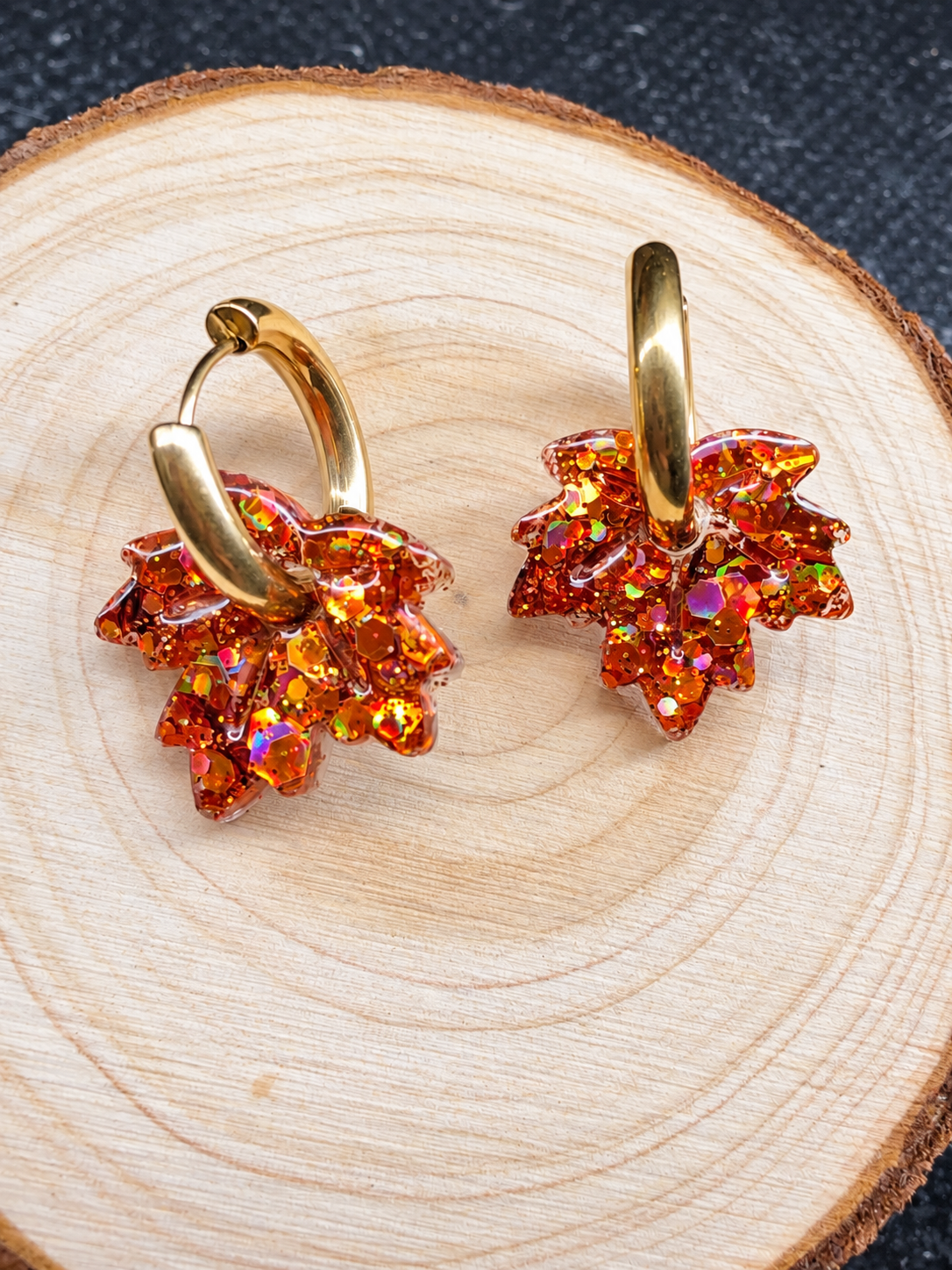 Boucles d’oreilles Pampilles automnales orange cuivré à paillettes holographiques