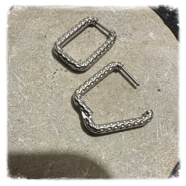 Créoles 14mm rectangulaire texturé acier inoxydable argenté