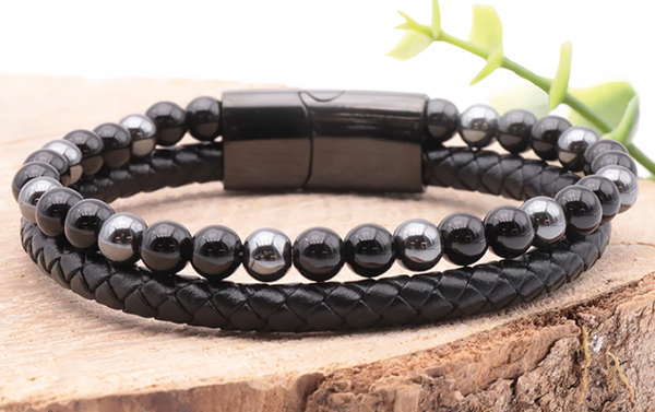 Bracelet Homme Cuir noir, Hématite et Onyx