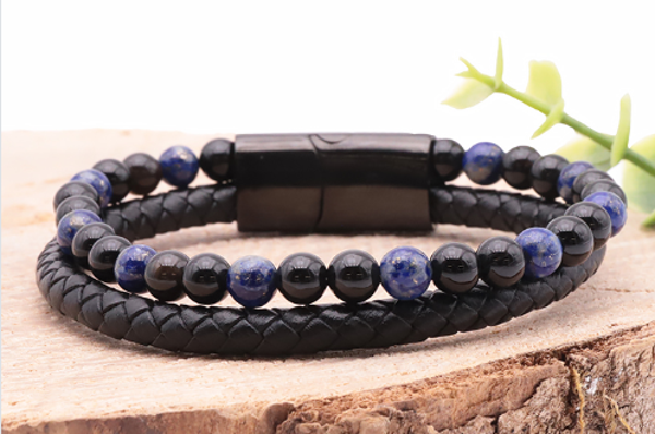 Bracelet Homme Cuir Noir, LAPIS LAZULI, ONYX