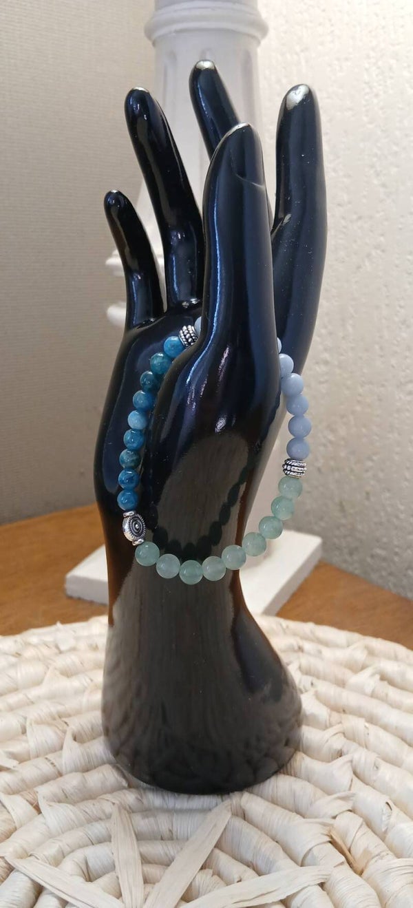 Bracelet boule 06 mm Apatite bleue, Angélite, Aventurine Verte