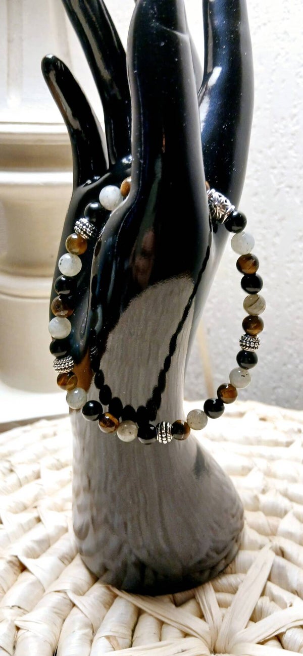 Bracelet boule 06 mm  Triple protection Obsidienne, Œil de tigre, Labradorite