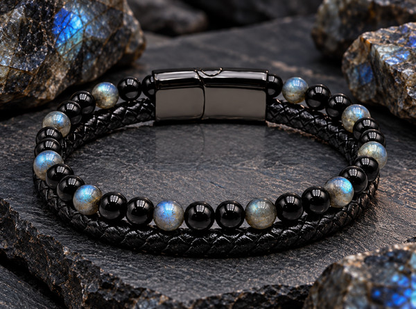 🌑 Éclipse Boréale – Bracelet Homme en Labradorite et Onyx