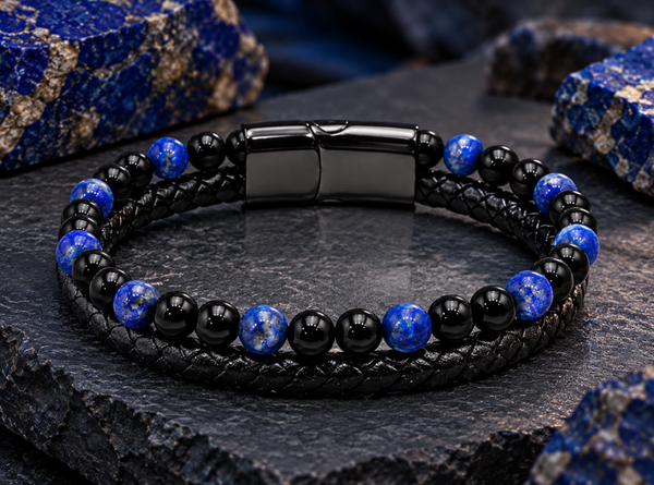 🌌 Nuit d’Azur – Bracelet Homme en Lapis-Lazuli et Onyx