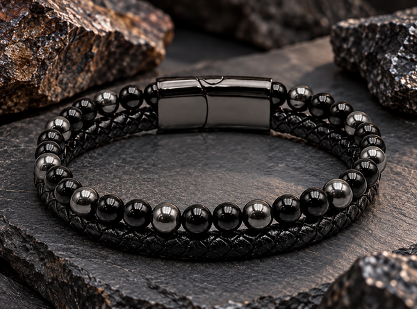 🖤 Noir Absolu – Bracelet Homme en Hématite et Onyx