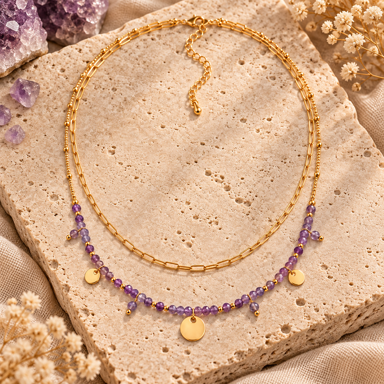 💜 Rivière d’Améthyste – Collier Double Rang en Améthyste et Doré