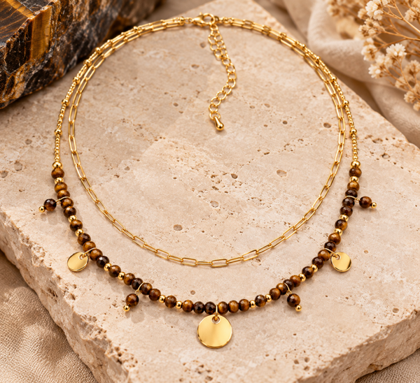 ☀️ Élégance Solaire – Collier Double Rang en Œil de Tigre et Doré