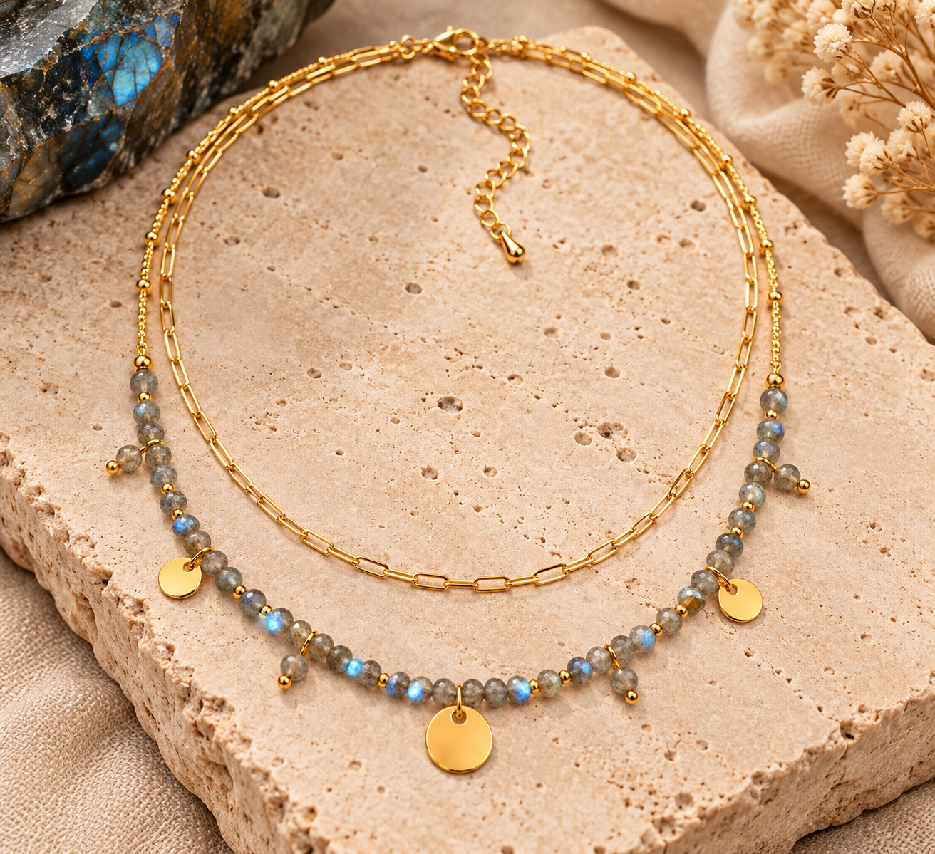 💙 Les Reflets de Sarah – Collier Double Rang en Labradorite et Doré