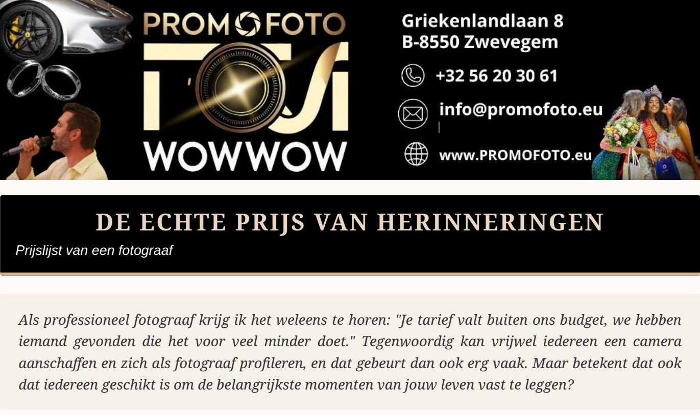 hoe bepaalt een fotograaf zijn prijs? Promofoto WoWWoW