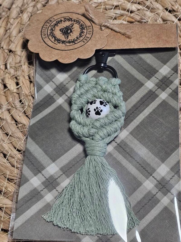 Macrame key chain teal paw print