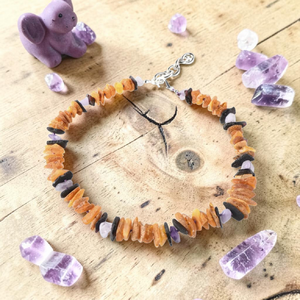 Collier ambre cerise et améthyste 35cm