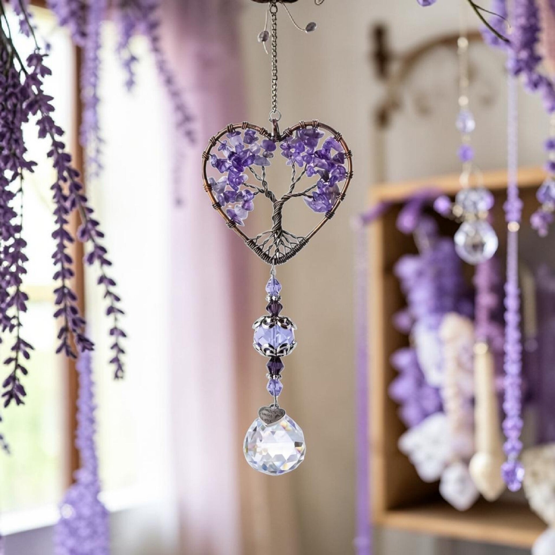 Attrape soleil arbre de vie en forme de coeur avec améthyste